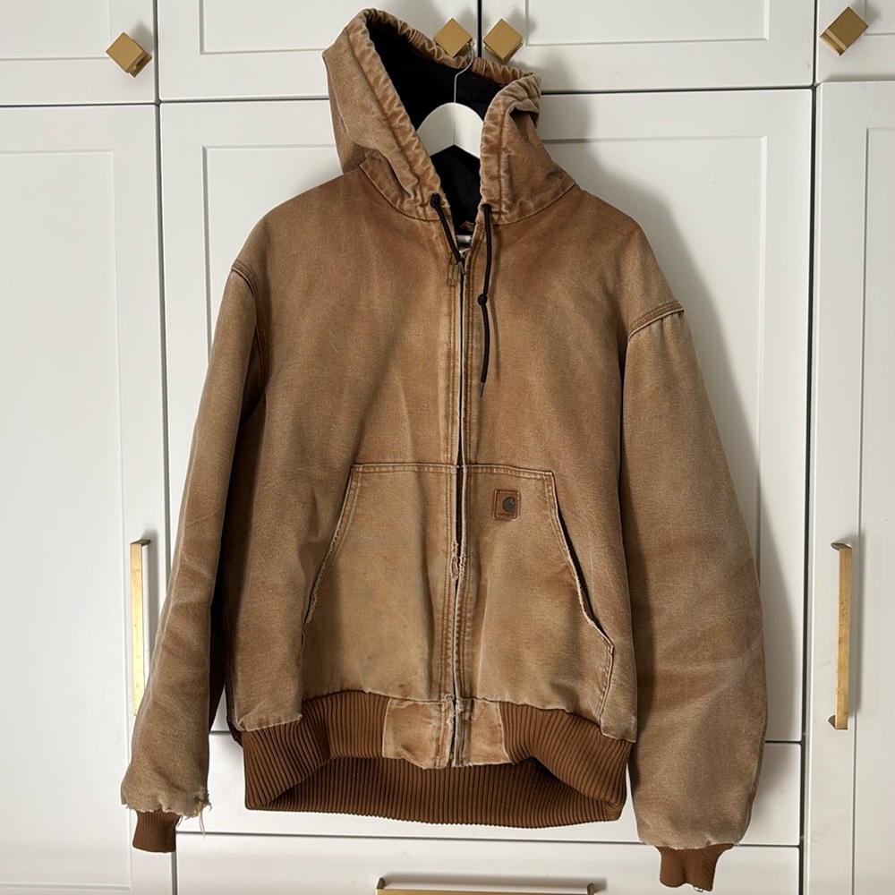 ❤️ Carhartt Jacket Mens Extra Large XL Beige Hooded Duck Canvas Lined Work Faded